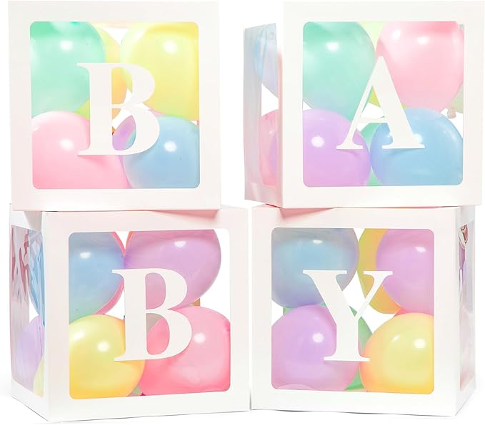 Baby Boxes with Letters for Baby Shower, 4 Transparent Balloon Boxes with Letters for Gender Reveal Birthday Wedding Baby Shower Decorations(Pastel Balloons)