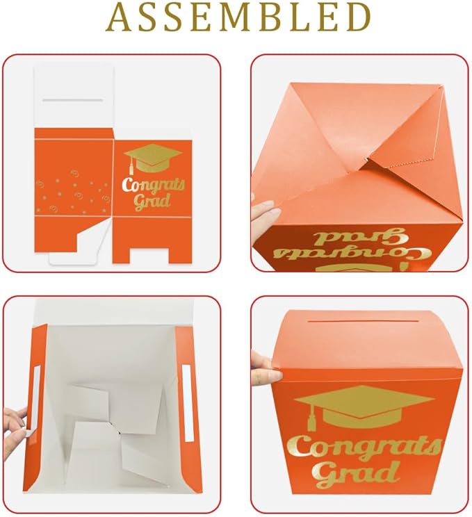Graduation Card Box Holder, Congrats Grad Foldable Cardboard Decorations Box for Graduation Party Decoration and Grad Parties (Orange)