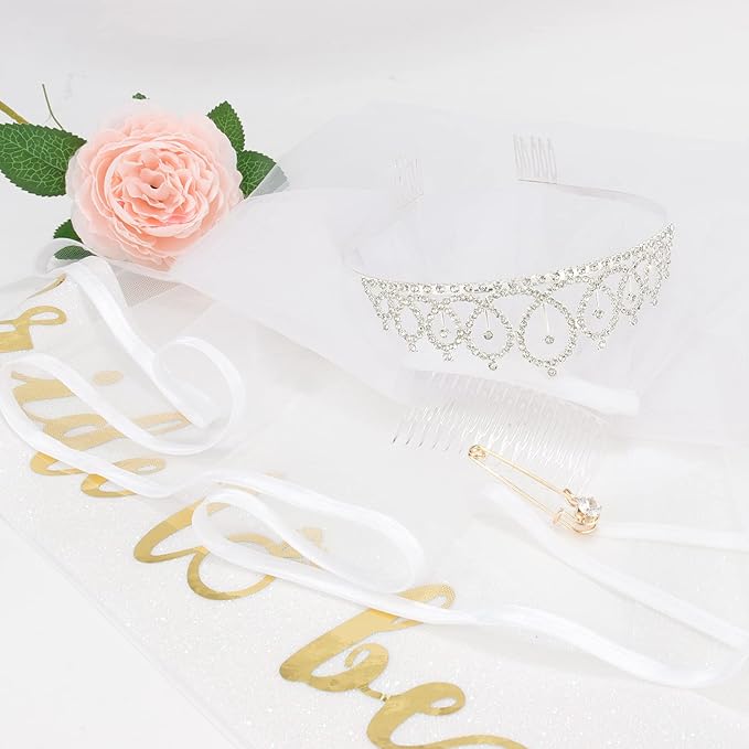 Crown + Bride to Be Sash, Veil Set - Bachelorette Party Favors, Wedding Decorations, Bridal Shower Gifts for the Bride