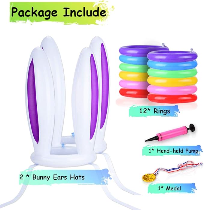 Hoshin 2 Set Inflatable Bunny Ears Ring Toss Game (2 Rabbit-Ear Hats with 12 Ring Toss, 1 Medal and 1 Hand-held Pump) - Great Family Easter Party Games
