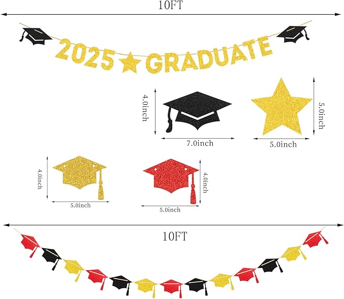 Red Black-Gold Party-Decoration Graduation Banner - 8pcs Kits Cap Garland Streamers, Paper Tissue Pom Poms Flowers, 2025 Craduate Banner Congratulations Grad Decor Lasting Surprise