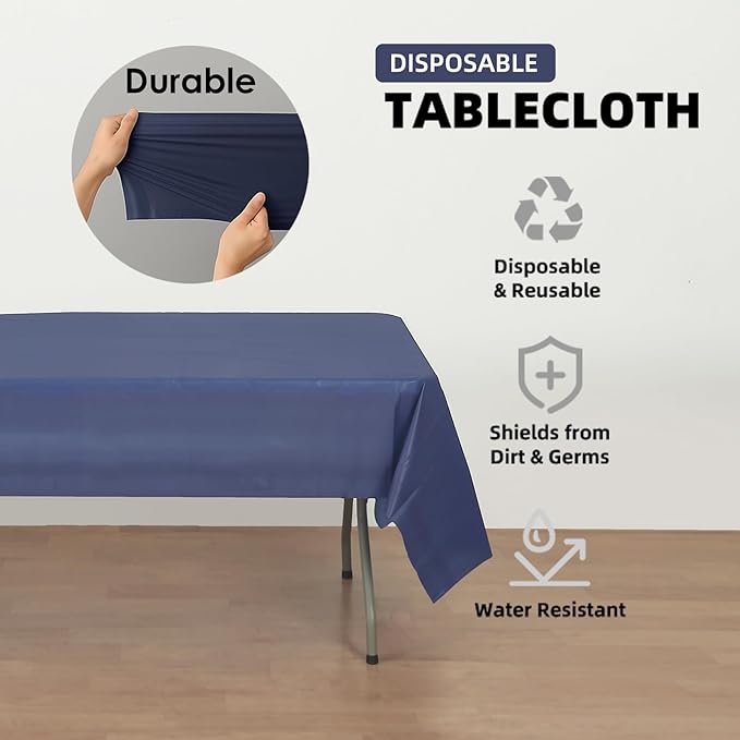 Craft And Party 12-Pack Navy Blue Plastic Tablecloths – 54 x 108 Inch Disposable Table Covers for Rectangle Tables, Heavy Duty & Waterproof for Parties, Events, Banquets, Navy Blue