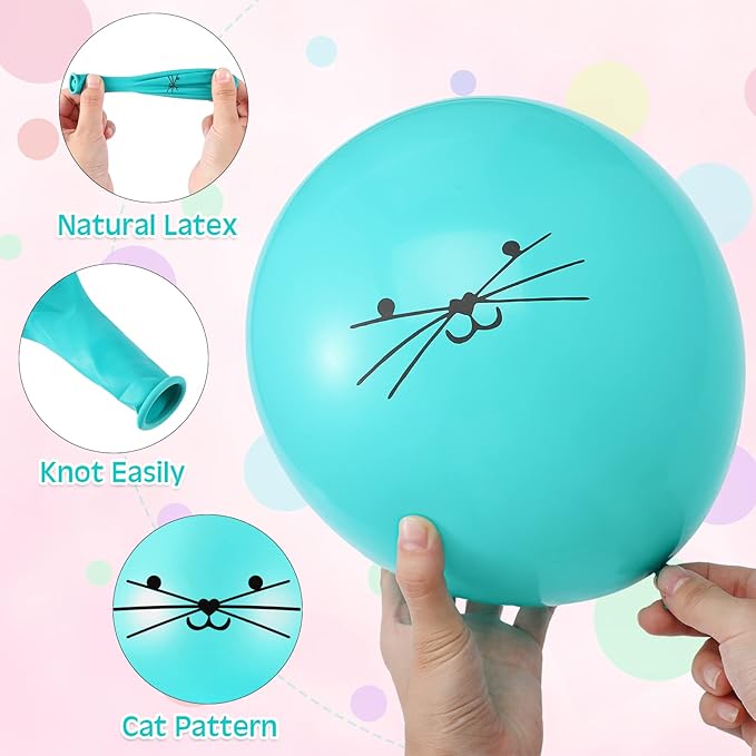 50 Pieces 12 Inch Cat Balloons Party Latex Kitty DIY Animal for Birthday Party with Ears Cat Kids Balloons for Girls Supplies, 5 Colors
