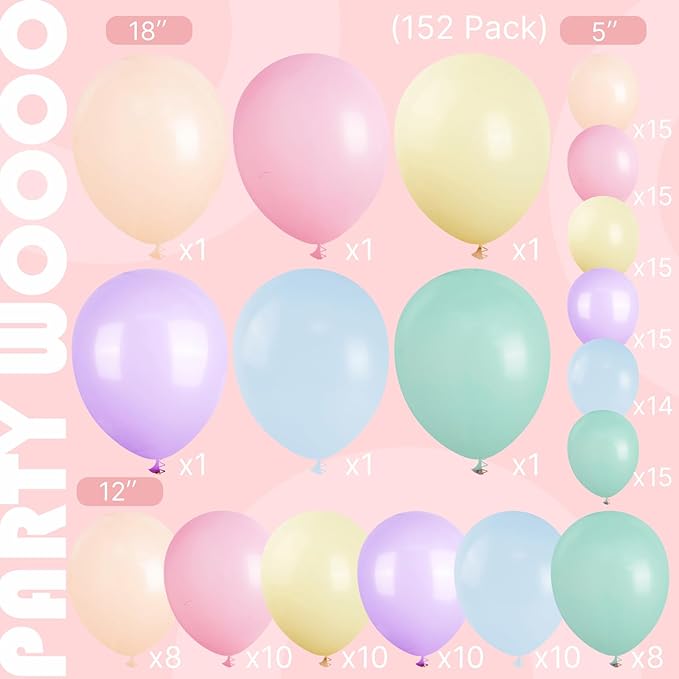 PartyWoo Pastel Balloon Arch Kit Garland 152pcs Different Sizes of 18 12 10 5 Inch Light Baby Pale Pink Blue Green Purple Yellow Orange Balloons for Baby Shower Graduation Birthday Party Decorations