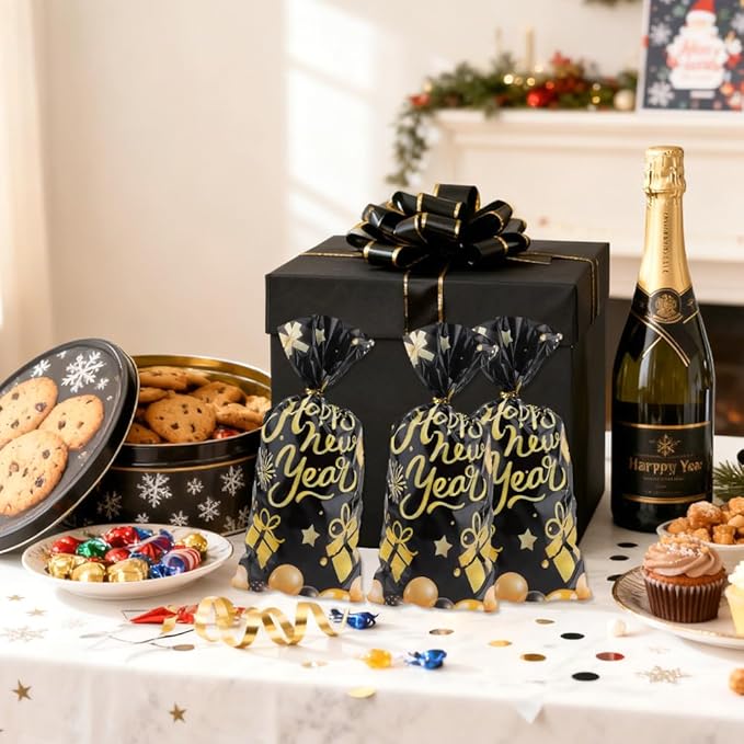 Happy New Year Cellophane Treat Bags, 100 PCS Candy Goodie Gift Bags for New Years Eve Party Favors, Black Gold Plastic Cookie Snack Bag with Twist Ties for 2026 NYE Party Holiday Decorations Supplies