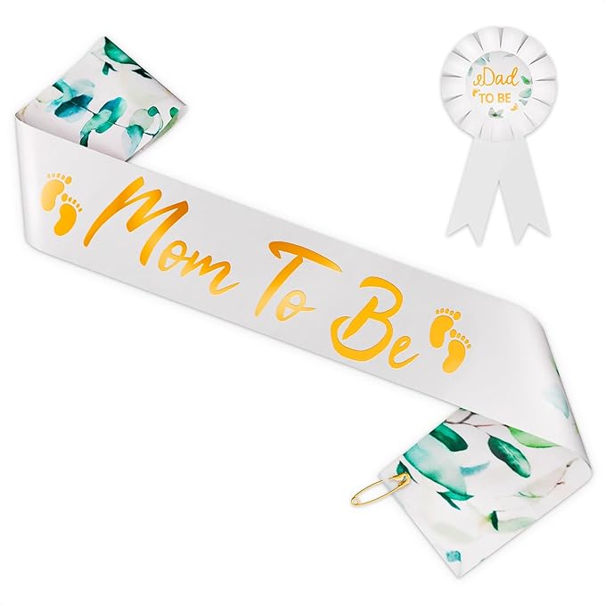 Mom to Be Sash Baby Shower - Soft Satin Mommy to Be Sash for Baby Shower & Dad to Be Pin, Exquisite Sage Greenery Ornament & Gold Letters - Gender Reveal Decorations Neutral Colors for Boys & Girls