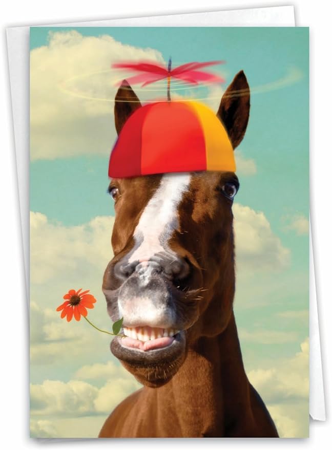 NobleWorks - 1 Happy Birthday Card with Funny Animals - Wildlife and Pet Humor, Fun Birthday Celebration Notecard - Horse Around C9304BDG