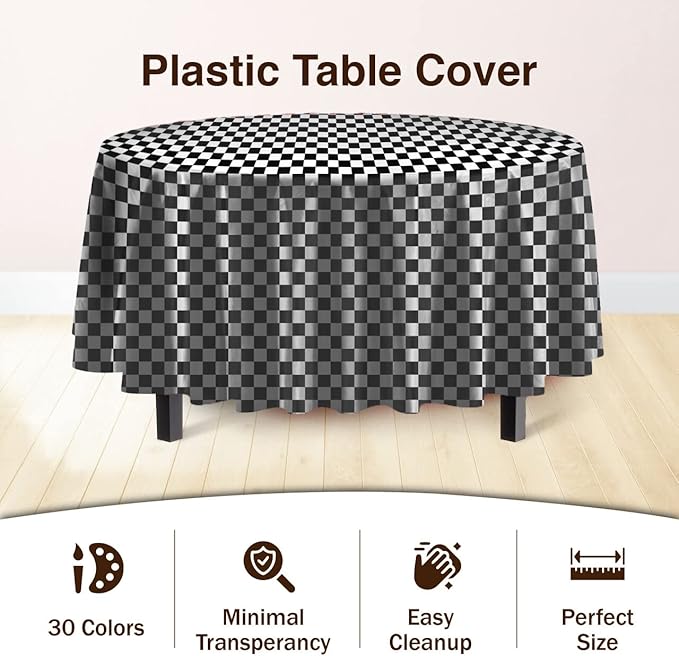 Exquisite 12-Pack Premium Plastic Tablecloth Pack of 12 - Premium Plastic Tablecloth 84 Inch Round Table Cover - Checkered