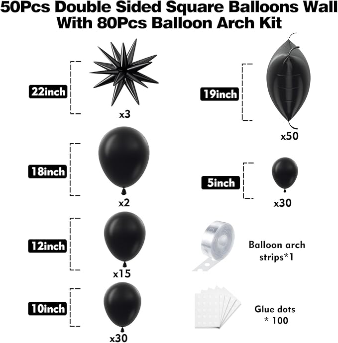 50pcs Black Square Foil Balloons Wall Backdrop with 80pcs Black Balloon Garland Arch Kit, Double Sided Balloon Tunnel for Anniversary New Year Birthday Graduation Baby Shower Party Decorations