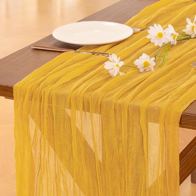 Socomi 6pcs Gold Yellow Easter Spring Cheesecloth Table Runner Boho Rustic Gauze 120 inch 10FT Cheese Cloth Runner for Wedding Party Baby Shower Birthday Home Decor Holiday Decorations