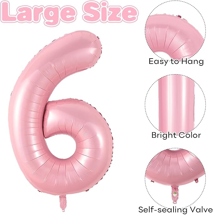 Pastel Pink Number 6 Balloon, 40 Inch Pearl Light Pink Number 6 Balloons for Girls, Foil Digital 6 Balloon Helium, Large Pink 6th Birthday Balloons for Girls Baby Shower Princess Party Decorations