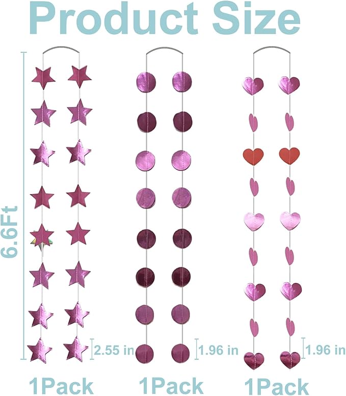 Pink Dot Heart Star Streamers 19.8 Feet Paper Garlands Glitter Disco Garland Hanging Banner for Birthday Homecoming Classroom Mothers Day Wedding Engagement Birthday Party Supplies