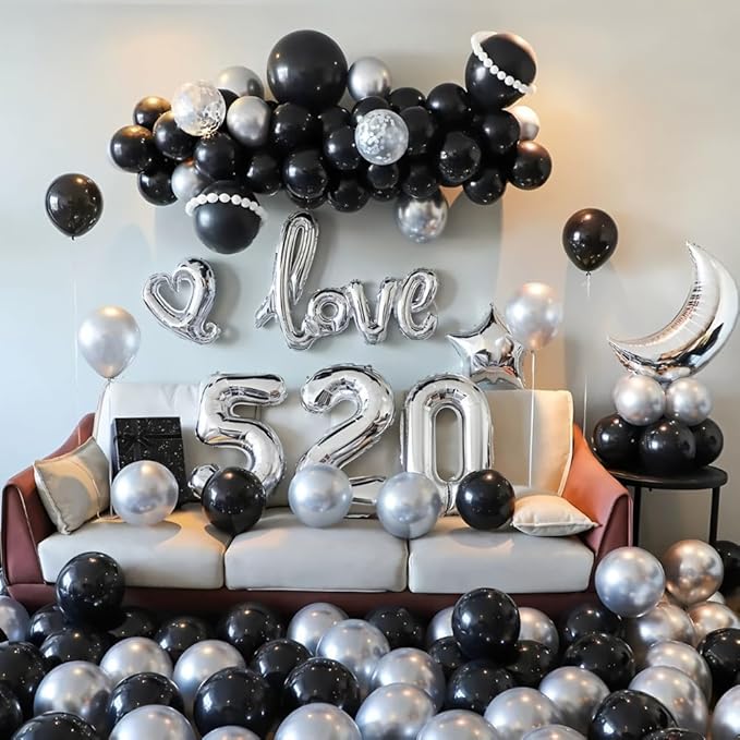 200 Pcs Black and Silver Balloons 12 Inch Latex Black Metallic Chrome Silver Balloon for Birthday Wedding Bridal Baby Shower Supplies Graduation Party Decorations