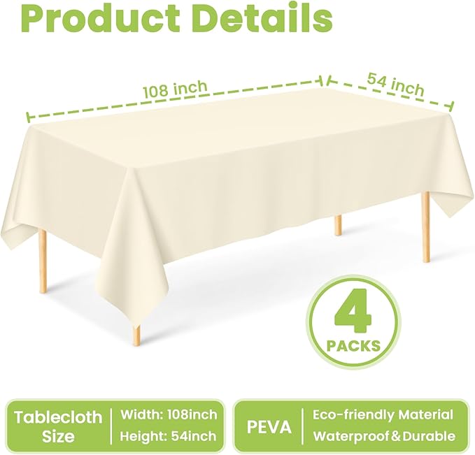 Mulbozy Cream Plastic Table Cloth Disposable 4 Pack, 54 × 108 Inch Tablecloths Rectangle, Ivory Plastic Table Cover for Party Decor
