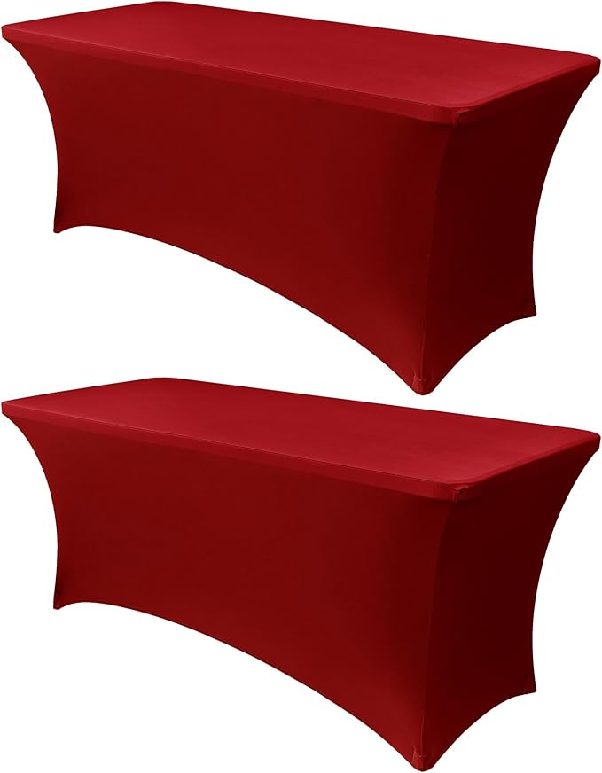 Obstal 8Ft Stretch Spandex Table Cover for Standard Folding Tables - 2 Pack Universal Rectangular Fitted Tablecloth for Party, Banquet, Events, Trade Show (Dark Red, 96L x 30W x 30H Inches)