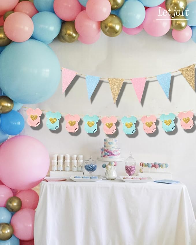 Blue Pink Baby Shower Paper Garland Short-Sleeve Bodysuits Clothesline Garland Gender Reveal Birthday Banner Baby Outfit Pre - Strung Paper Decorations 9 pcs