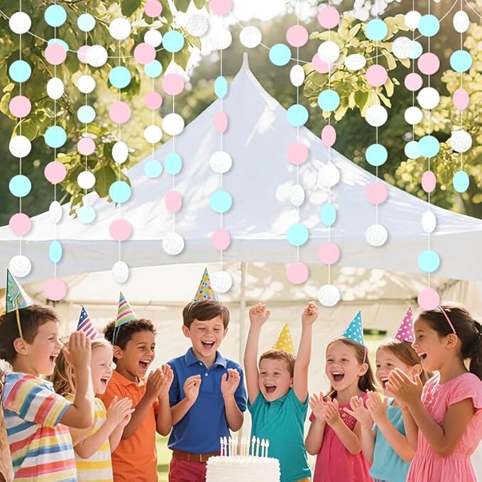 Macaron Circle Dots Hanging Garland White Blue Pink Circle Dots Hanging Streamer Macaron Bunting Banner Backdrop for Wedding Baby Shower Birthday Xmas Decor 40 Feet