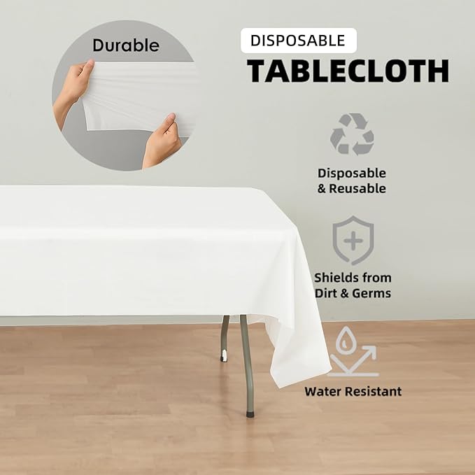 Craft And Party 12-Pack White Plastic Tablecloths – 54 x 108 Inch Disposable Table Covers for Rectangle Tables, Heavy Duty & Waterproof for Parties, Events, Banquets Plastic Table Cover, White