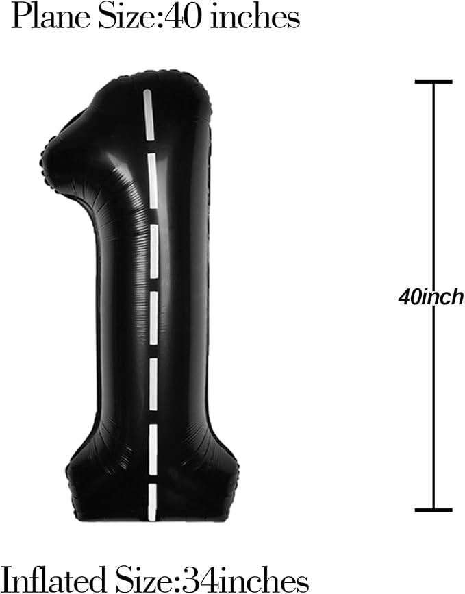 Race Car 40Inch Black 1 Balloon Number Large Helium Race Track 0-9 Giant Digital 1st Foil Mylar Big Party Number Balloons for Boy Birthday Car Theme Party Anniversary Graduation Decorations
