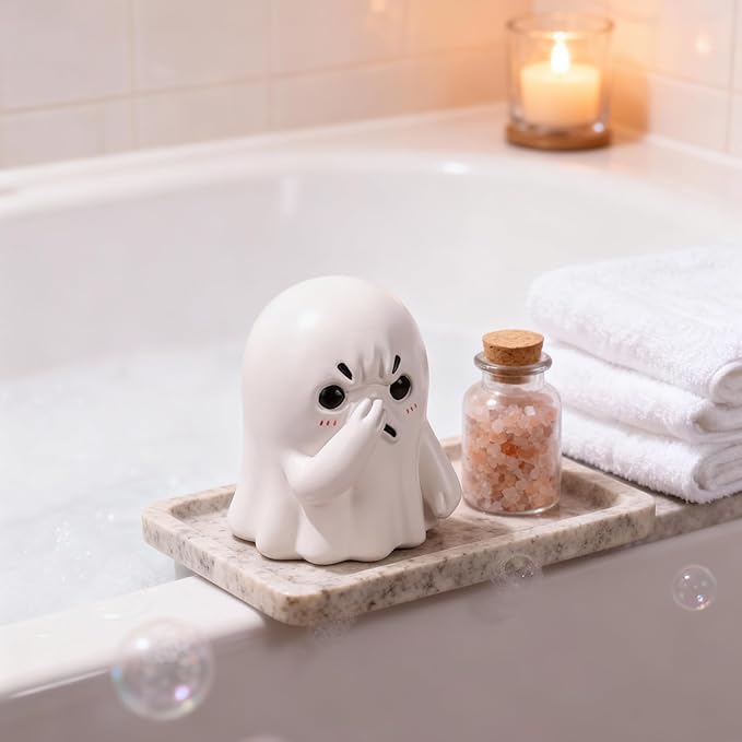 Holding Nose Small Ghost Figurine - Cute Ghost Decor Bathroom Statue, Halloween Decorations Indoor for Desk Porch Mantel Bathroom Shelf Spooky Home Decor, Funny Goth Gifts(Resin)