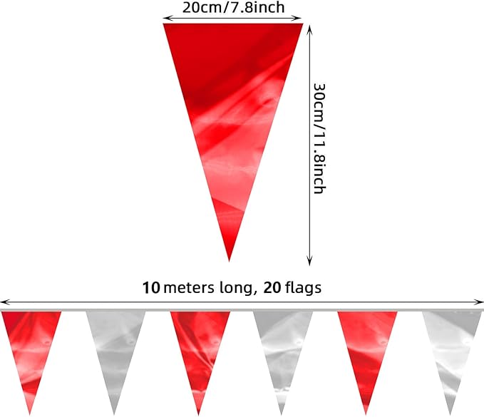 32.8FT Red Silver Glitter Triangle Pennant Banner Flag Metallic Bunting Outdoor Garland for Christmas Graduation Wedding Engagement Anniversary Bachelorette Bridal Shower Valentine's Party Decor