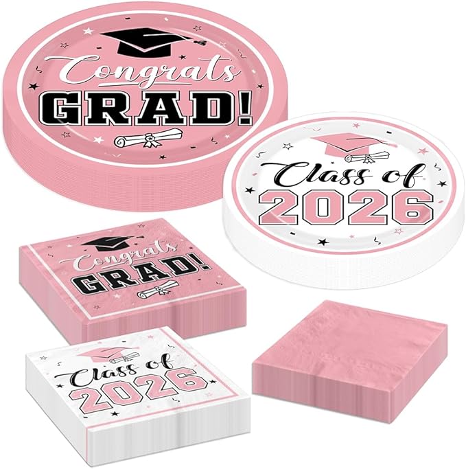 Graduation Party Plates and Napkins Pink Class of 2026 Grad Congrats Party Supplies Disposable Dessert Paper Plates Cocktail Napkins forGraduation Party Decorations,Serve 50