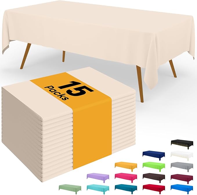Smiry Disposable Table Cloth - 15 Pack, 54 x 108 Inch Waterproof Rectangle Tablecloths for Parties, Decorative Plastic Table Cover, Leakproof & Sturdy, Ivory