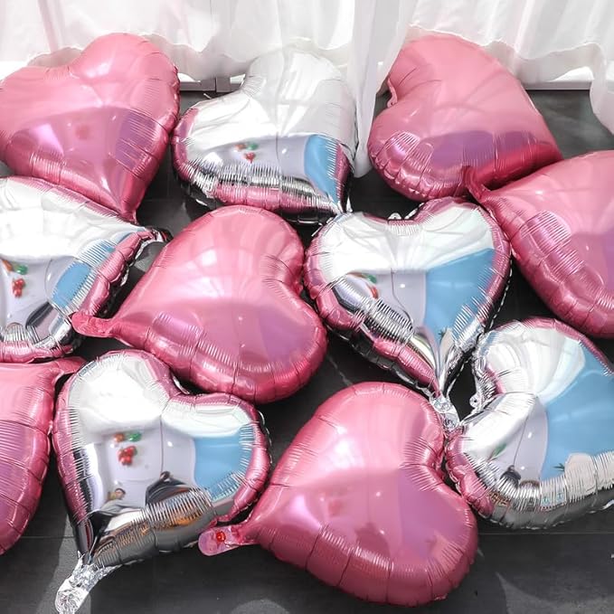 Pink Heart Shaped balloons Pack of 10, 18 Inch Love Valentine Balloons Silver Heart Romantic Balloons For Valentines Day Propose Marriage Wedding Bridal Shower Engagement Party Decorations