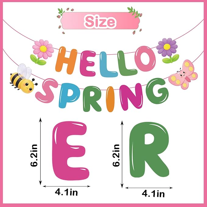 Hello Spring Banner,Colorful Spring Party Decorations with Bee, Butterfly & Flower for Spring Theme Party, Classroom,Office,Home Decor (No DIY Needed)