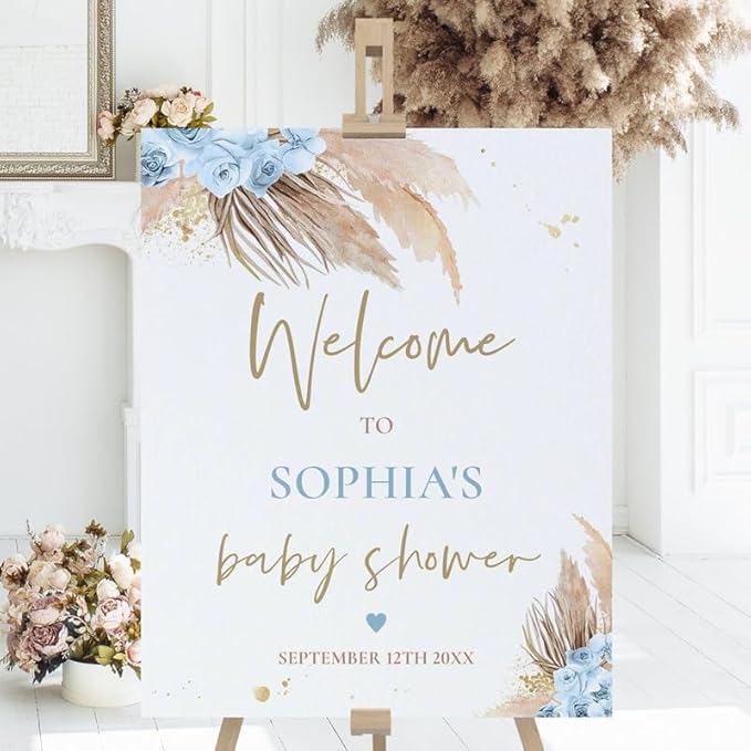Personalized Brown Bear Balloon Baby Shower Welcome Sign - We Can Bearly Wait Poster, Blue Boy Boho Bear Decor