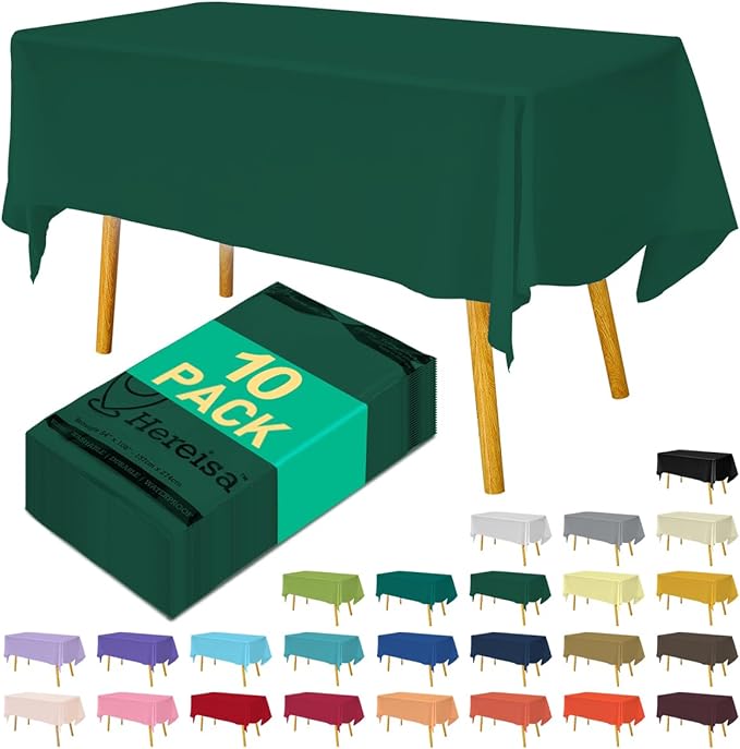 Disposable Dark Green Plastic Tablecloth 54x108 Inch, 10-Count Waterproof Rectangle Table Cover for Events, Catering