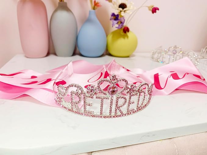 JETKONG Retirement Party Decorations Retired Tiara/Crown, Retired Sash for Women Retirement Gifts, Retirement Party Supplies, Gifts, Favors (Pink)
