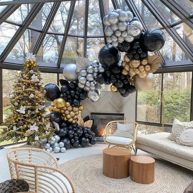 Black Gold Silver Balloons Garland Arch Kit 144pcs Different Sizes New Year Decorations for New Year Birthday Wedding Retirement Baby Shower Graduation Decorations