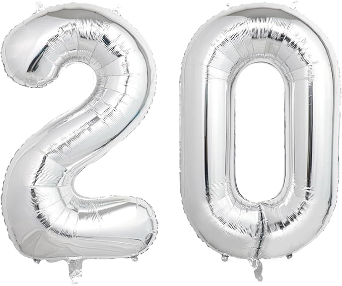 Number Balloons Silver Party Balloon - Giant Number 20 Balloon, 40 Inch Large Balloon for 20th Birthday Decorations, Silver Party Supplies for Anniversary