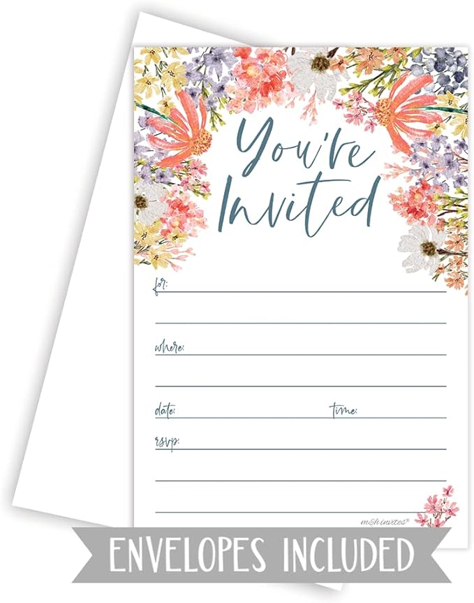 m&h invites Wildflower Invitations With Envelopes (20 Count) - Floral Boho Garden Theme For Bridal Shower, 1st Birthday, Adult Birthday, Brunch or Baby Shower