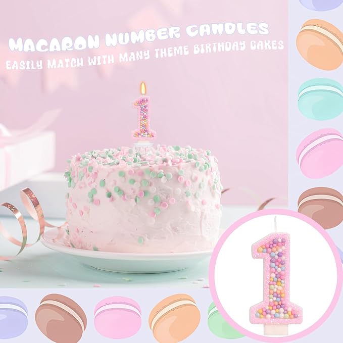 Sweet One Birthday Candles for Girls - Pink Number 1 Candle, First Birthday Decorations for Girl, Fairy Cake Decorations, Colorful Macaron Candles for One Cake Topper