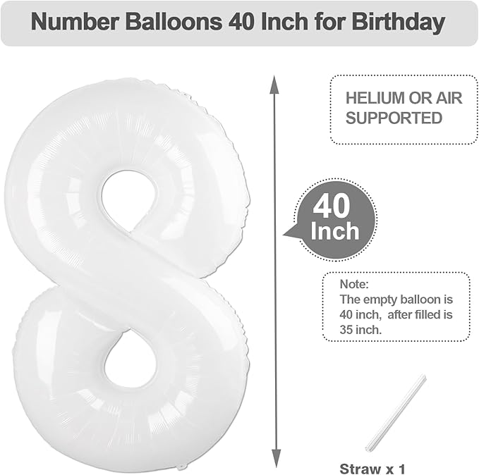 8 Balloon Numbers, 40 Inch White 8 Birthday Decoration for Women And Men, Balloons Decoration for Happy 8 18 28 80 Birthday, Wedding Anniversary, New Year, Party Decoration