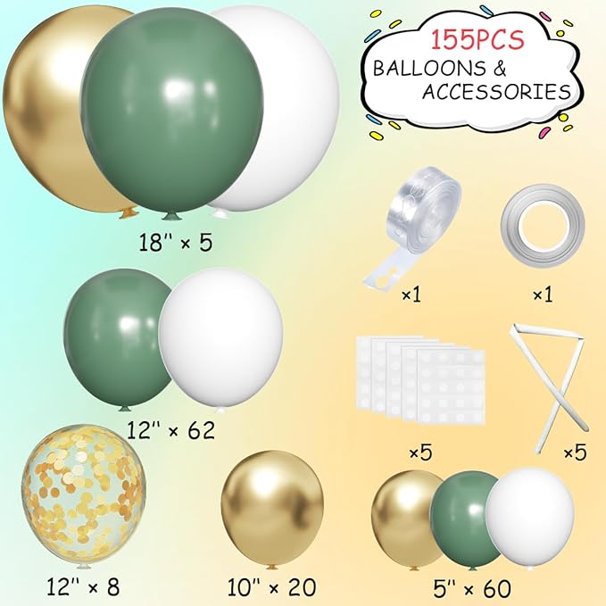 155Pcs Sage Green White Gold Balloon Garland Arch Kit with Gold Confetti Balloons for Graduation Baby Shower Decor Happy Birthday Party Wedding Jungle Decorations