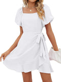 Sampeel Womens Summer Dresses Square Neck Puff Sleeve Tie Waist Short Dress
