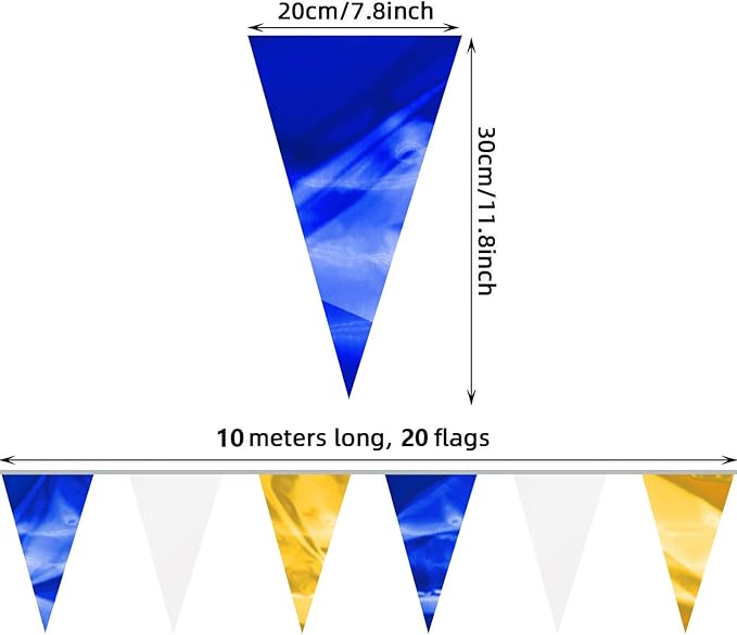 32.8FT Navy-Blue White Gold Glitter Triangle Pennant Banner Flag Metallic Bunting Outdoor Garland for Christmas Graduation Retirement Wedding Bridal Shower Nautical Ahoy Achor Party Decorations Decor