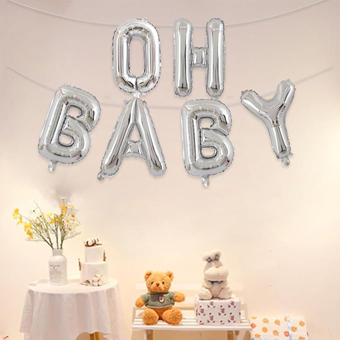 2 Set 12Pcs Silver Oh Baby Letter Balloons 16in Balloon Baby Shower Decorations Party Decor Silver Letter Balloons Oh Baby Party Supplies
