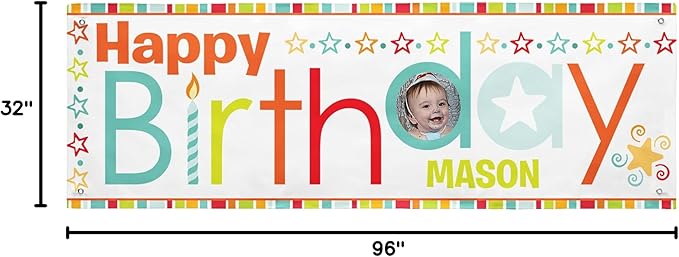 Let's Make Memories Personalized Birthday Banner - Kids Party Decorations - Custom Happy Birthday Banner - Indoor/Outdoor Vinyl - Any Text and Photo - Red Multi - 8ft
