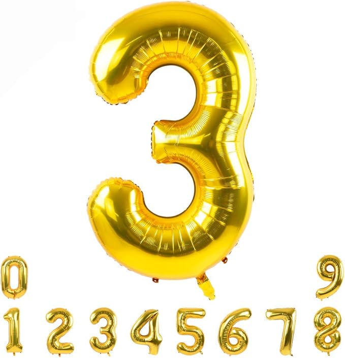 TONIFUL 40 Inch Gold Large Numbers 0-9,Number 3 Digital Helium Balloons,Foil Mylar Big Number Balloons for 2026 Graduation New Year Eve Birthday Party Supplies Decorations