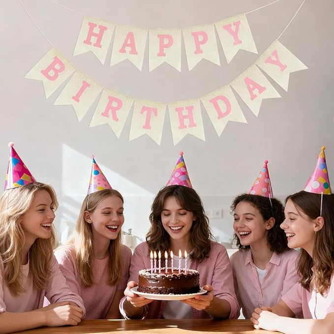 Anwyll Happy Birthday Banner - NO DIY Burlap Happy Birthday Banner Sign Happy Birthdays Party Decoration Happy Birthdays Banners Bunting for Women Girl Princess Celebration Party Backdrops (Pink)