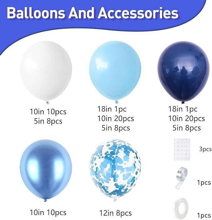 Blue Balloons Arch Kit, Navy Blue and White Balloon Arch Garland Kit with Chrome blue Baby Light Blues Confetti Balloons, Different Size blues Balloon for Baby Shower Wedding Birthday Party Decoration