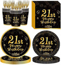 120Pcs 21st Birthday Party Supplies Plates Napkins Cups Forks Tableware Set Gold Black Happy 21st Birthday Themed Disposable Tableware Decoration Serves 24 Guests for Him Men 21 Years Old