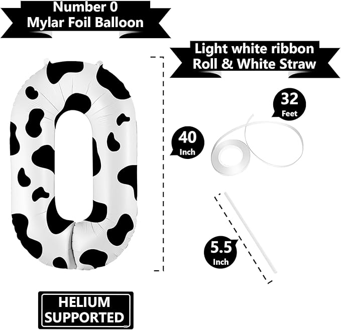 40 Inch Cow Print Balloon, Number 0 Balloons for 10th Birthday Decoration, Large Cow Number Balloons for Western Party & Baby Shower Animal Theme Party Decor