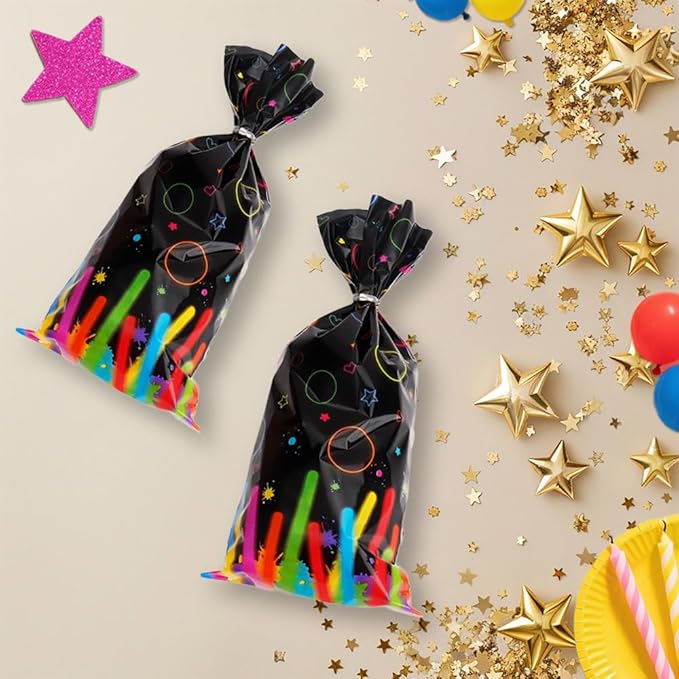 Neon Cellophane Treat Bags Plastic Colorful Candy Goodie Bag with Twist Ties for Birthday Party Decoration Gift Wrap (200/black)