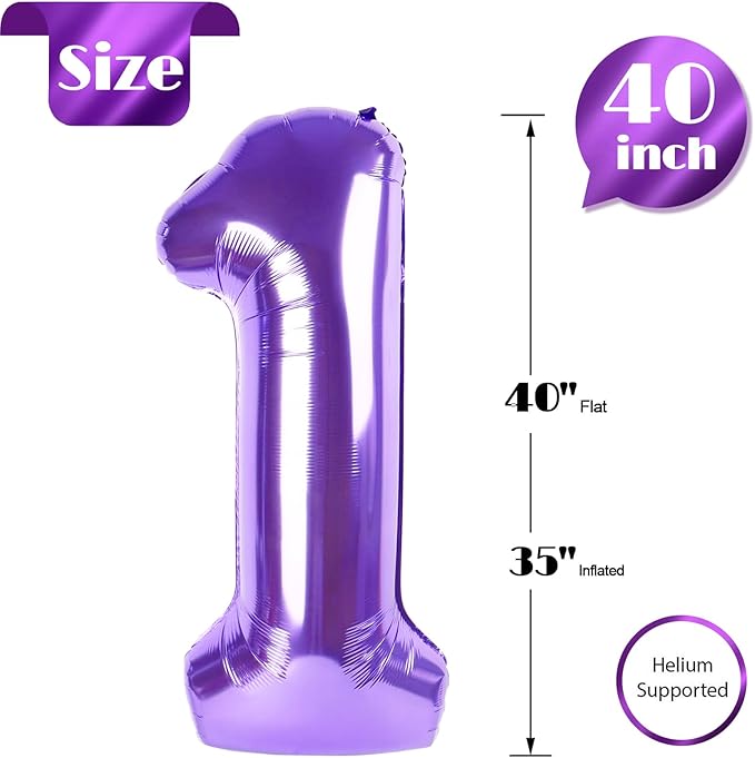 40 Inch Purple 1 Balloon for First Birthday, Purple One 1st Number Balloon Birthday Decorations for Girl Boy Toddler Baby, 10th 21st, Giant Number 1 Balloon