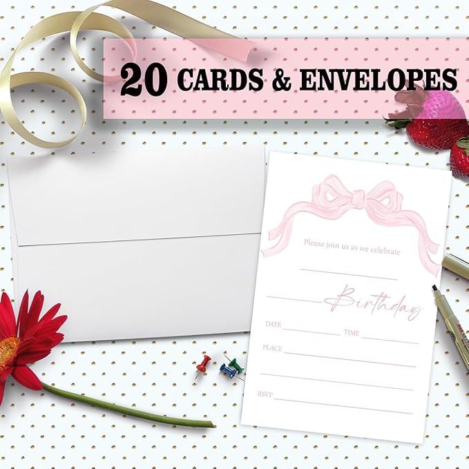 Pink Bow Birthday Invitation Cards For Girls Adult Teens, Birthday Party Supplies Favors, 20 Fill-In Invitation Cards with Envelopes -26